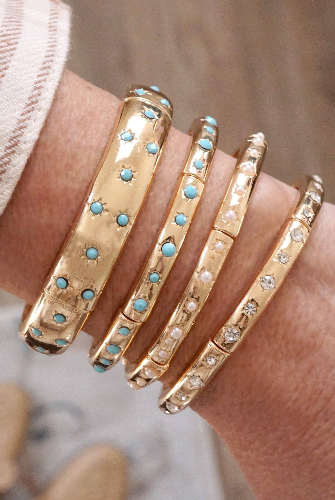 Gold-Tone Eternity Stretch Bangle – Pearls, Turquoise, or Crystals-Bracelets-PennyLine inc-Stuffology - Where Vintage Meets Modern, A Boutique for Real Women in Crosbyton, TX