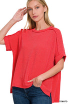 Corded Rib Short Cuff Sleeve Raw Edge Top-TOP-Stuffology Boutique-Stuffology - Where Vintage Meets Modern, A Boutique for Real Women in Crosbyton, TX