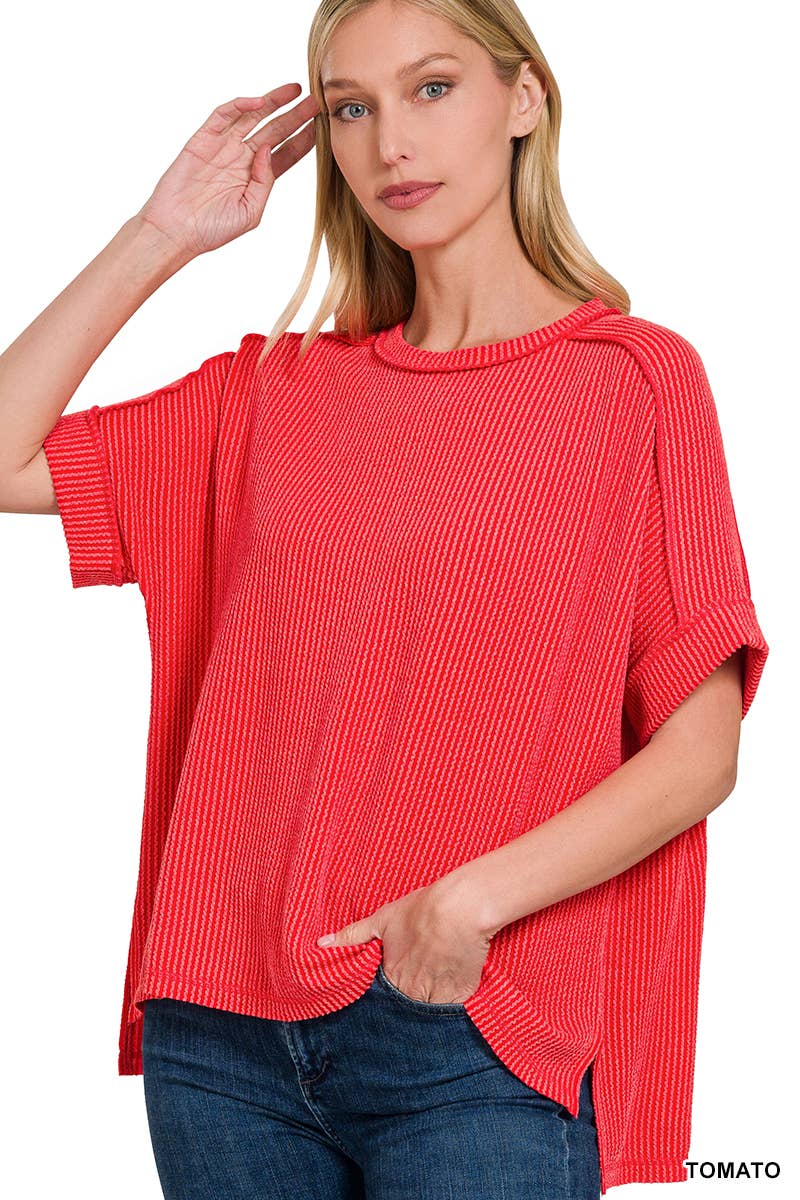 Corded Rib Short Cuff Sleeve Raw Edge Top-TOP-Stuffology Boutique-Stuffology - Where Vintage Meets Modern, A Boutique for Real Women in Crosbyton, TX