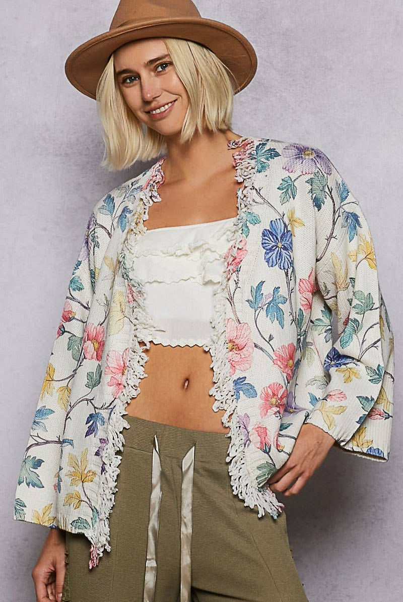 V-neck Long Sleeve Floral Print Sweater Cardigan-Sweater Cardigan-Pol Clothing-Stuffology - Where Vintage Meets Modern, A Boutique for Real Women in Crosbyton, TX