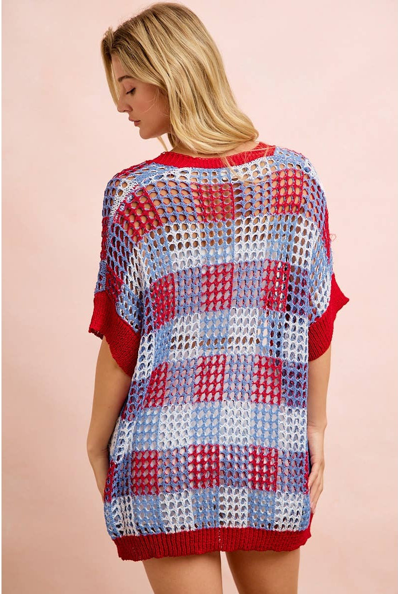 Checker Board Open Knit Cardigan-Cardigan-BiBi-Stuffology - Where Vintage Meets Modern, A Boutique for Real Women in Crosbyton, TX
