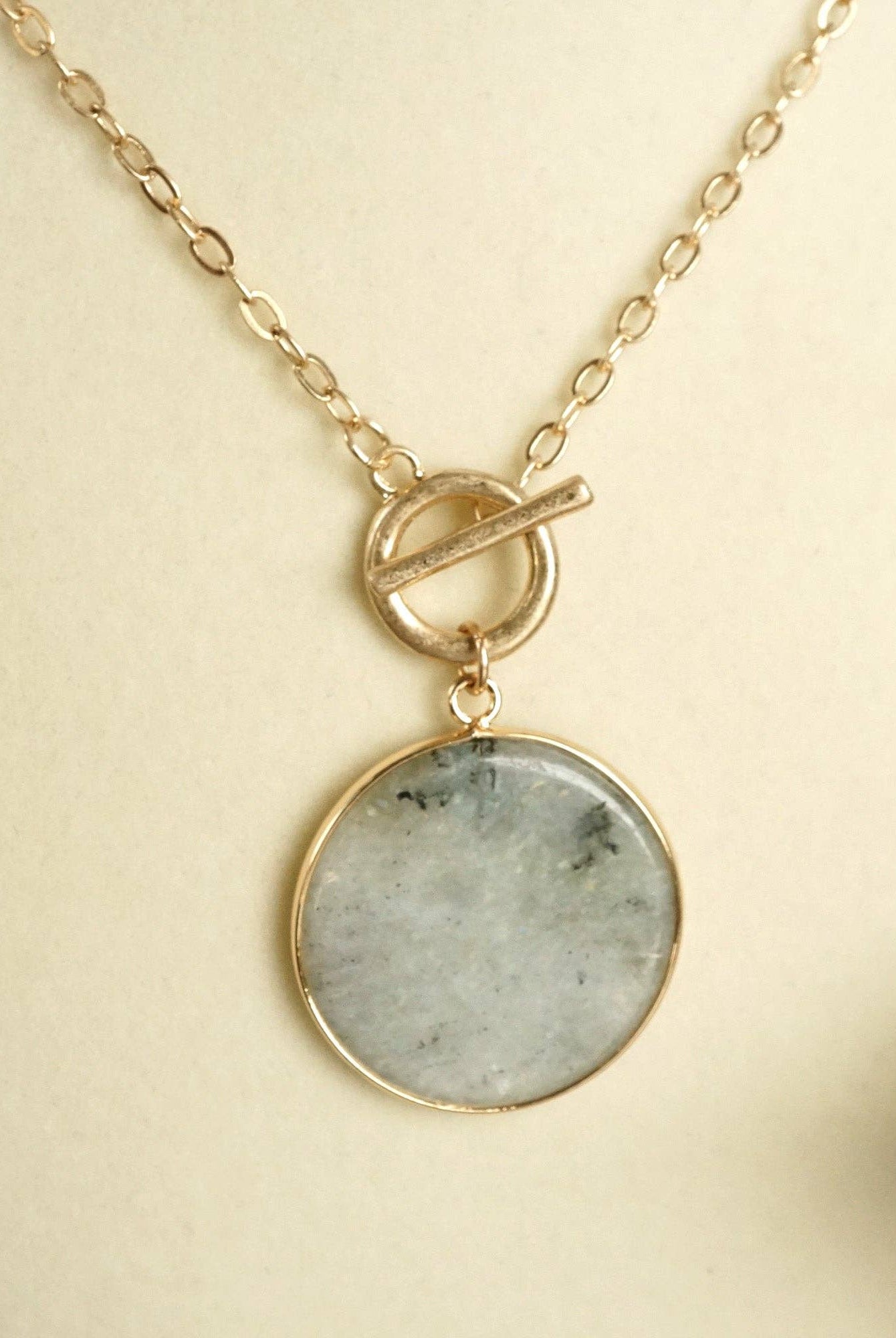Semi-Precious Disc Pendant Front Toggle Chain Necklace-Necklaces-PennyLine inc-Stuffology - Where Vintage Meets Modern, A Boutique for Real Women in Crosbyton, TX