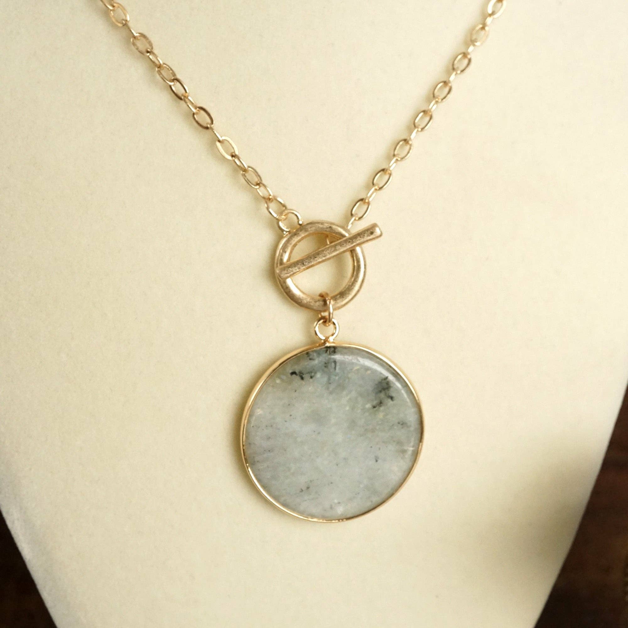 Semi-Precious Disc Pendant Front Toggle Chain Necklace-Necklaces-PennyLine inc-Stuffology - Where Vintage Meets Modern, A Boutique for Real Women in Crosbyton, TX