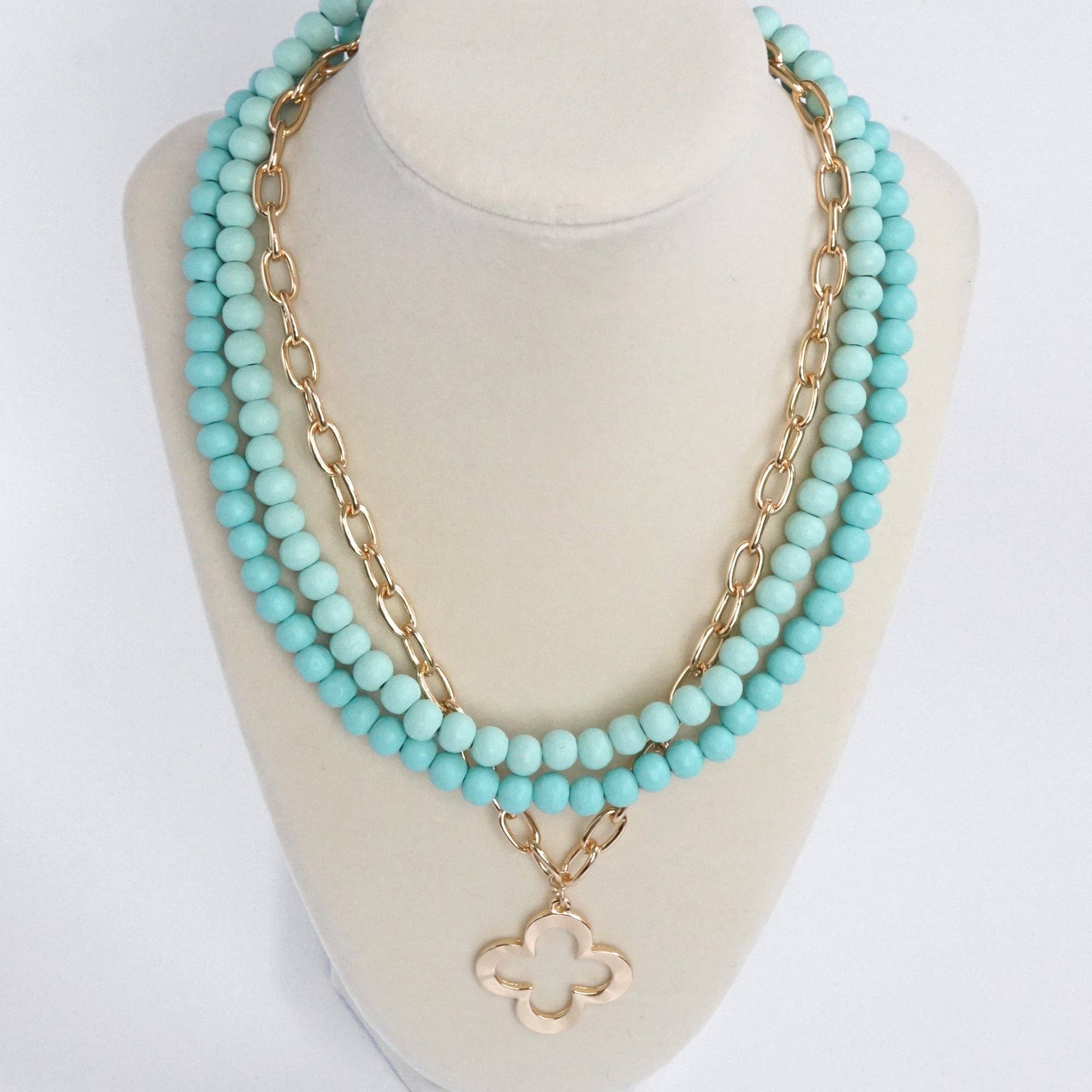 Short Necklace Wooden Beads Clover paperclip chain - Green-Necklaces-PennyLine inc-Stuffology - Where Vintage Meets Modern, A Boutique for Real Women in Crosbyton, TX
