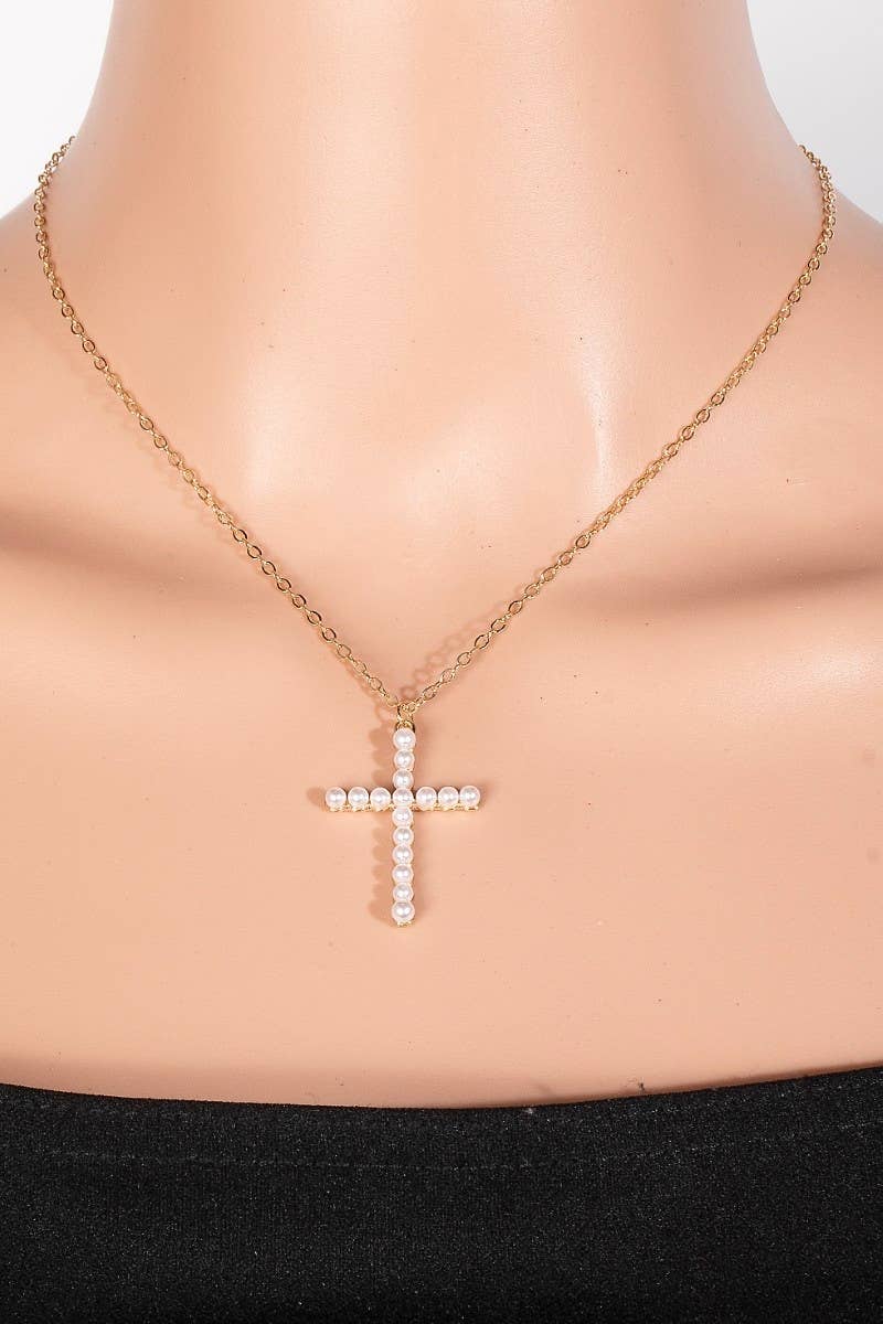 Pearl Cross Pendant Necklace-Necklaces-The Looks by Fame Accessories-Stuffology - Where Vintage Meets Modern, A Boutique for Real Women in Crosbyton, TX