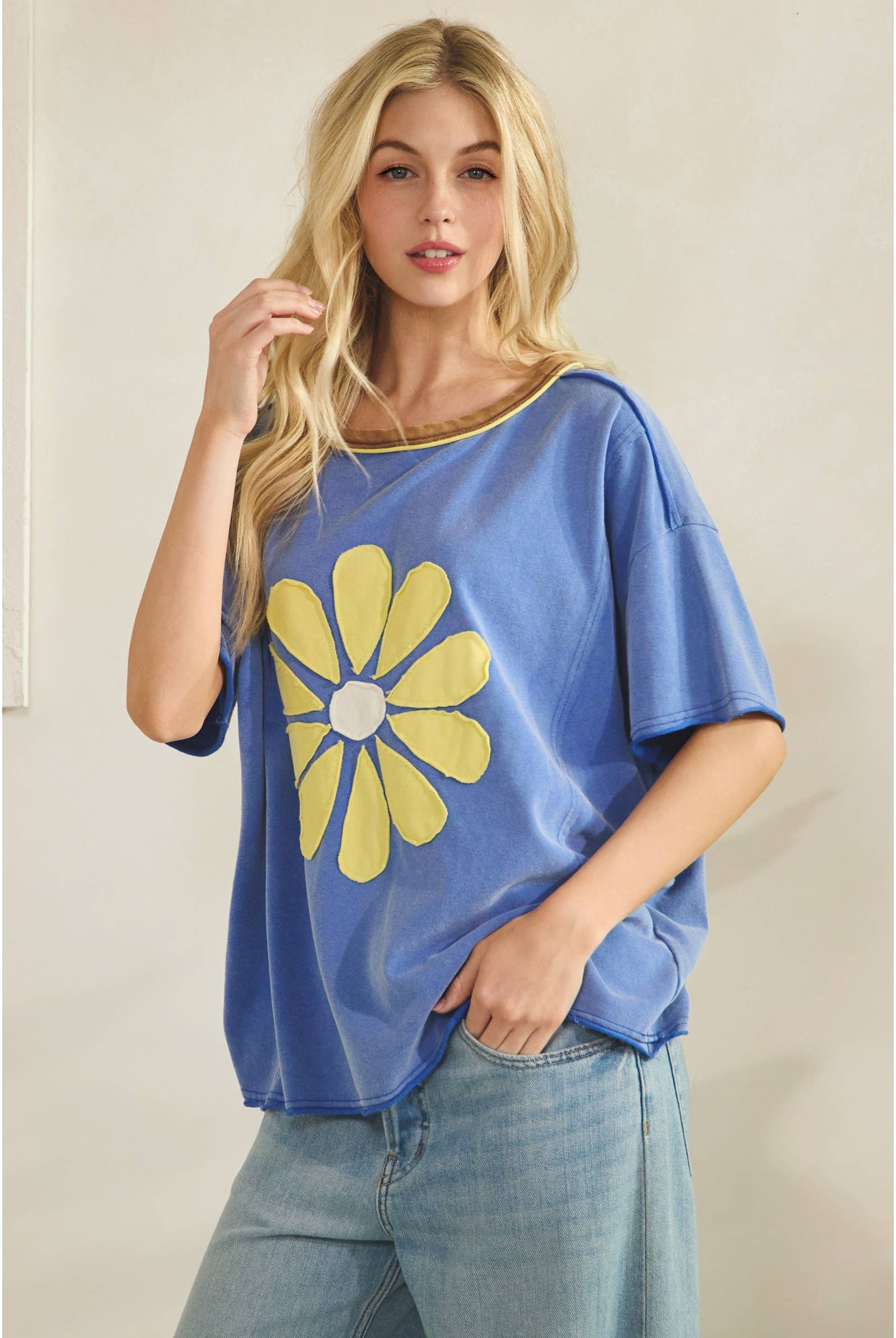 Daisy Applique Tee-Vintage Wash Tee-Sage + Fig-Stuffology - Where Vintage Meets Modern, A Boutique for Real Women in Crosbyton, TX