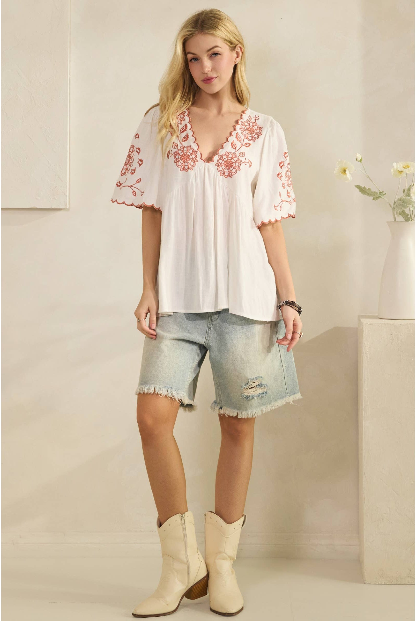 SCALLOPED BOHO EMBROIDERED BLOUSE (ST7681)-Sage + Fig-Stuffology - Where Vintage Meets Modern, A Boutique for Real Women in Crosbyton, TX