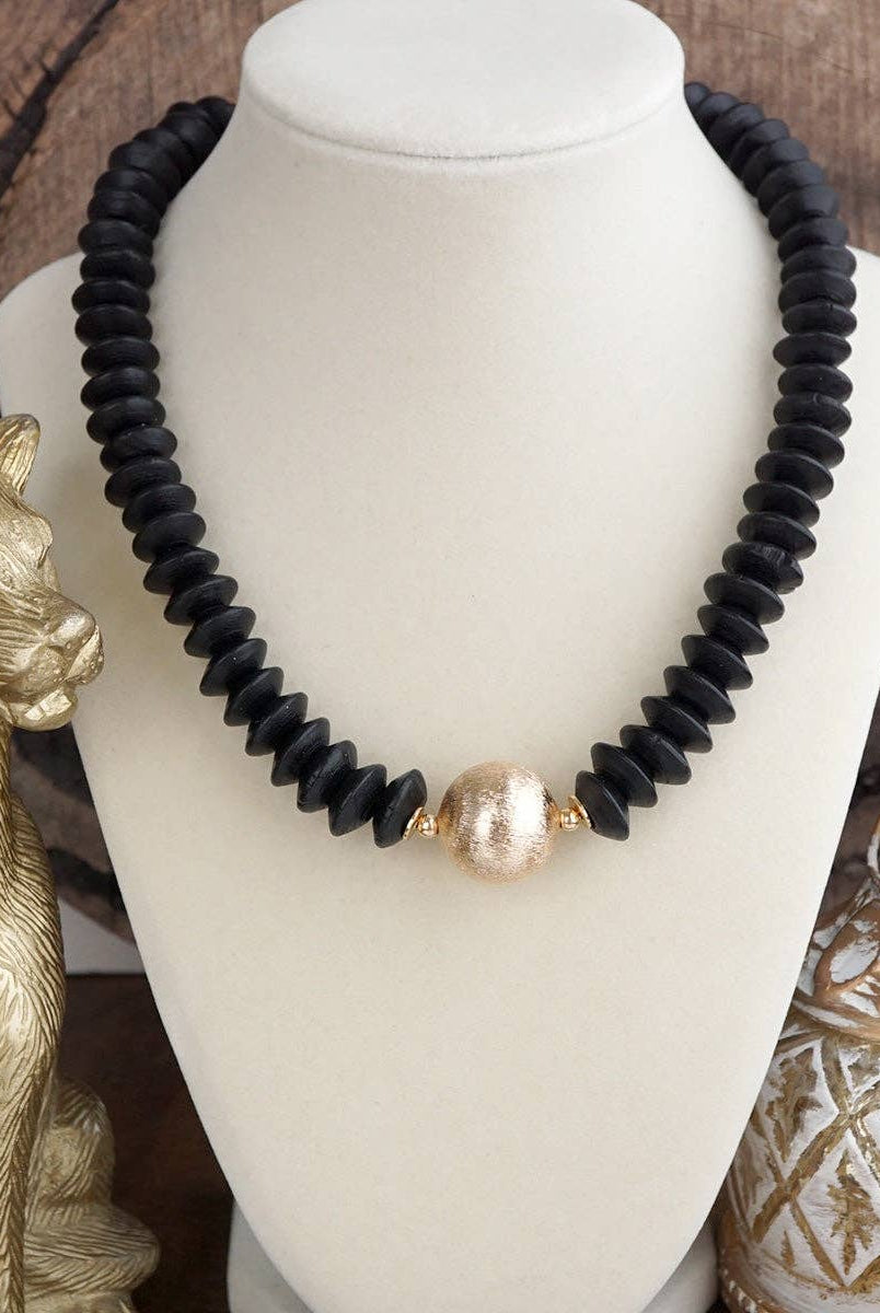 Wood Saucer Beads Short Statement Necklace Gold center Hot Pink Beige Turquoise-Necklaces-PennyLine inc-Stuffology - Where Vintage Meets Modern, A Boutique for Real Women in Crosbyton, TX
