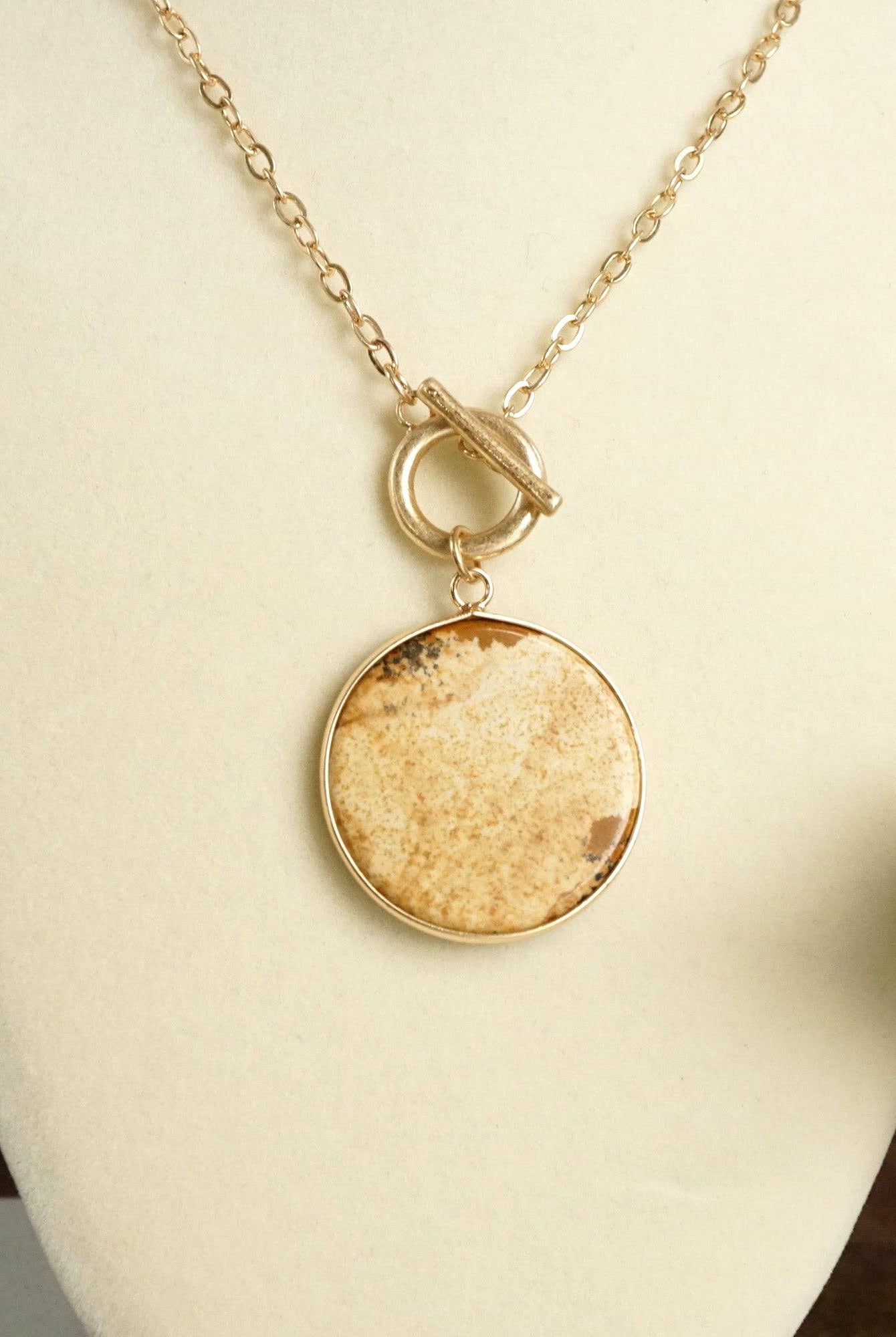 Semi-Precious Disc Pendant Front Toggle Chain Necklace-Necklaces-PennyLine inc-Stuffology - Where Vintage Meets Modern, A Boutique for Real Women in Crosbyton, TX