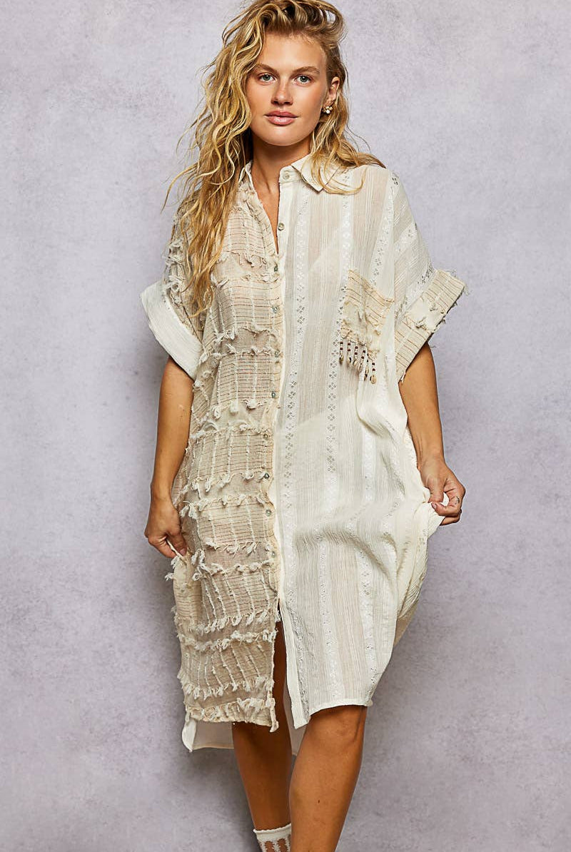 Dangle Trim Textured Cotton Oversized Long Shirt Dress-Dresses-Pol Clothing-Stuffology - Where Vintage Meets Modern, A Boutique for Real Women in Crosbyton, TX