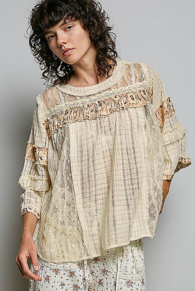 Lace Panel Detail Floral Ruffle 3/4 Sleeve Rib Knit Top-Pol Clothing-Stuffology - Where Vintage Meets Modern, A Boutique for Real Women in Crosbyton, TX