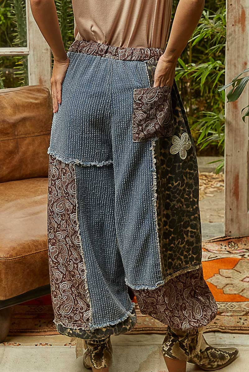 Crochet patch detail contrast patchwork printed woven pants-Pants-Pol Clothing-Stuffology - Where Vintage Meets Modern, A Boutique for Real Women in Crosbyton, TX