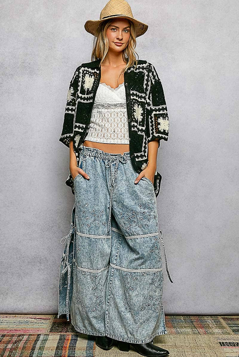 Short Sleeve Button Collar Granny Square Crochet Shirt Top-Pol Clothing-Stuffology - Where Vintage Meets Modern, A Boutique for Real Women in Crosbyton, TX