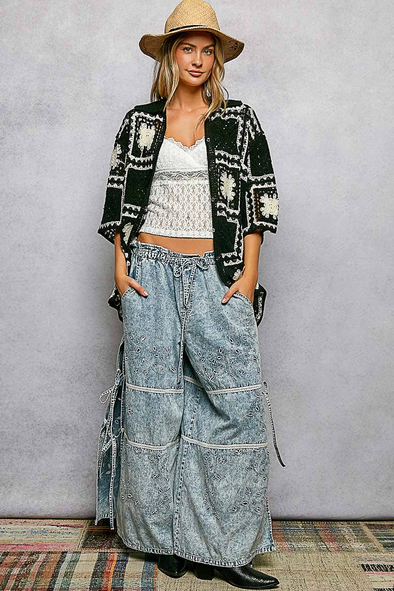 Short Sleeve Button Collar Granny Square Crochet Shirt Top-Pol Clothing-Stuffology - Where Vintage Meets Modern, A Boutique for Real Women in Crosbyton, TX