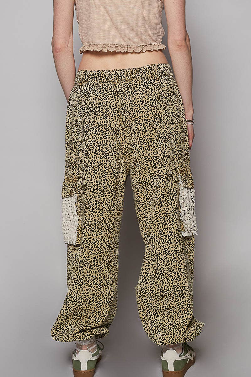 POL Clothing Sand Leopard Vintage Wash Crochet Patch Distressed Jogger Pants-Pants-Pol Clothing-Stuffology - Where Vintage Meets Modern, A Boutique for Real Women in Crosbyton, TX