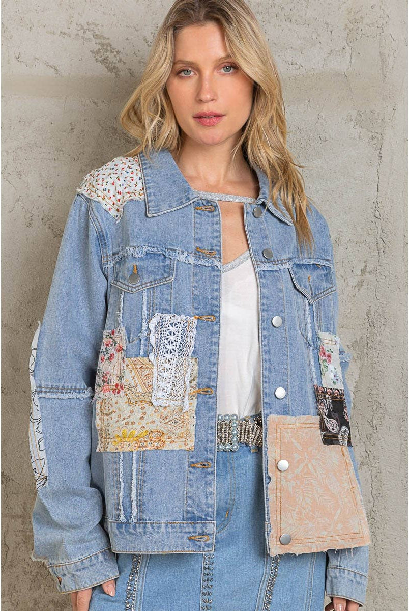 Distressed Outseam Patch Detail Button Down Denim Jacket /Stuffology Boutique-Jackets-Pol Clothing-Stuffology - Where Vintage Meets Modern, A Boutique for Real Women in Crosbyton, TX