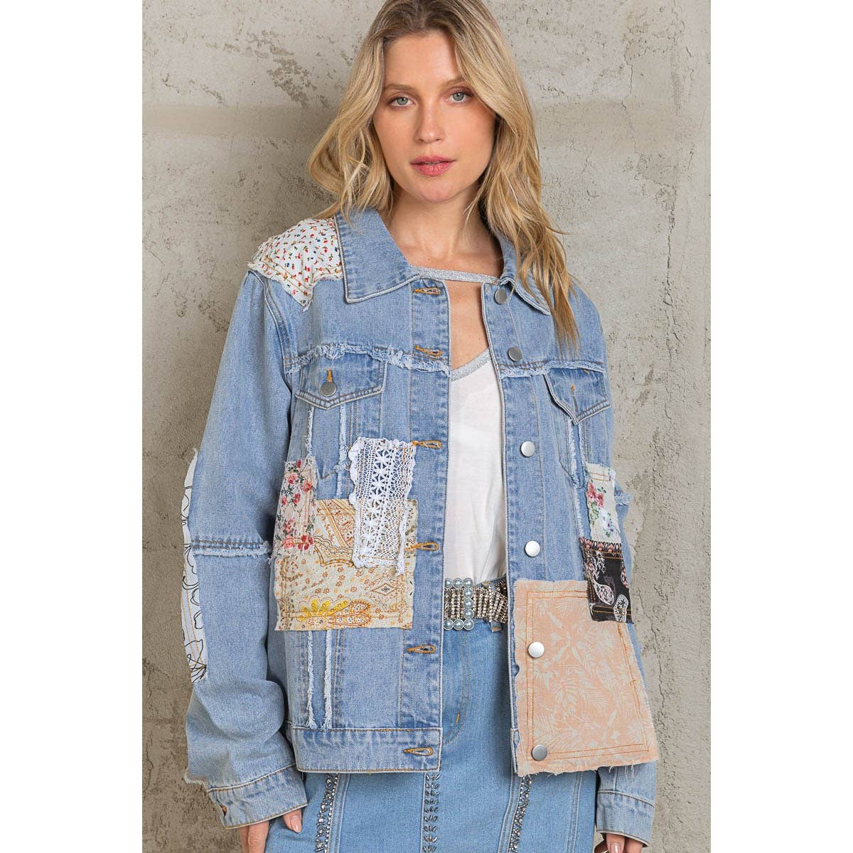 Distressed Outseam Patch Detail Button Down Denim Jacket /Stuffology Boutique-Jackets-Pol Clothing-Stuffology - Where Vintage Meets Modern, A Boutique for Real Women in Crosbyton, TX