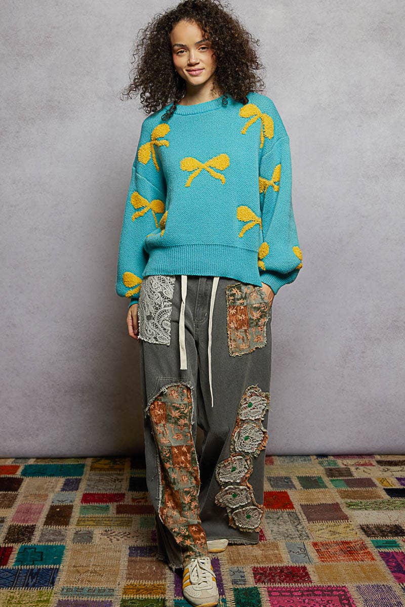 POL Clothing Round Neck Bow Sweater-Sweaters-Pol Clothing-Stuffology - Where Vintage Meets Modern, A Boutique for Real Women in Crosbyton, TX