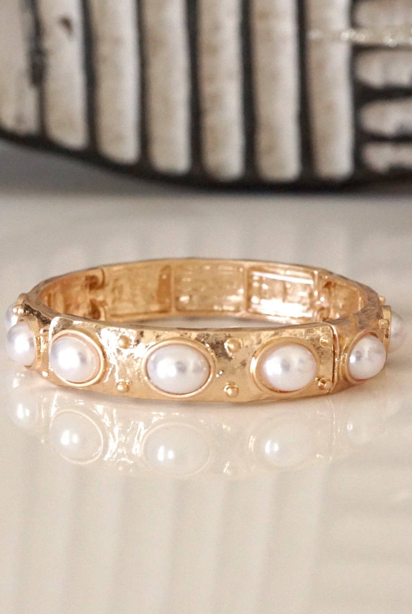 Classic Golden Stretchy Bangles – Pearl or Turquoise Accents-Bracelets-PennyLine inc-Stuffology - Where Vintage Meets Modern, A Boutique for Real Women in Crosbyton, TX
