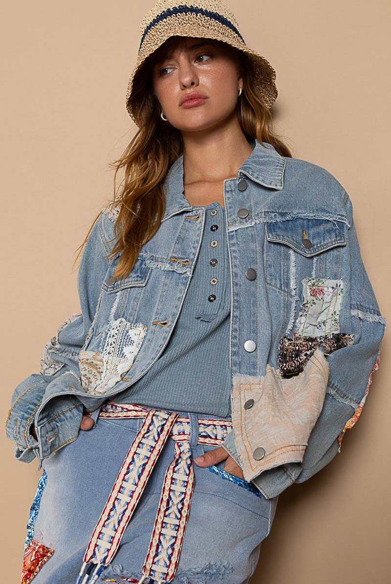 Distressed Outseam Patch Detail Button Down Denim Jacket /Stuffology Boutique-Jackets-Pol Clothing-Stuffology - Where Vintage Meets Modern, A Boutique for Real Women in Crosbyton, TX