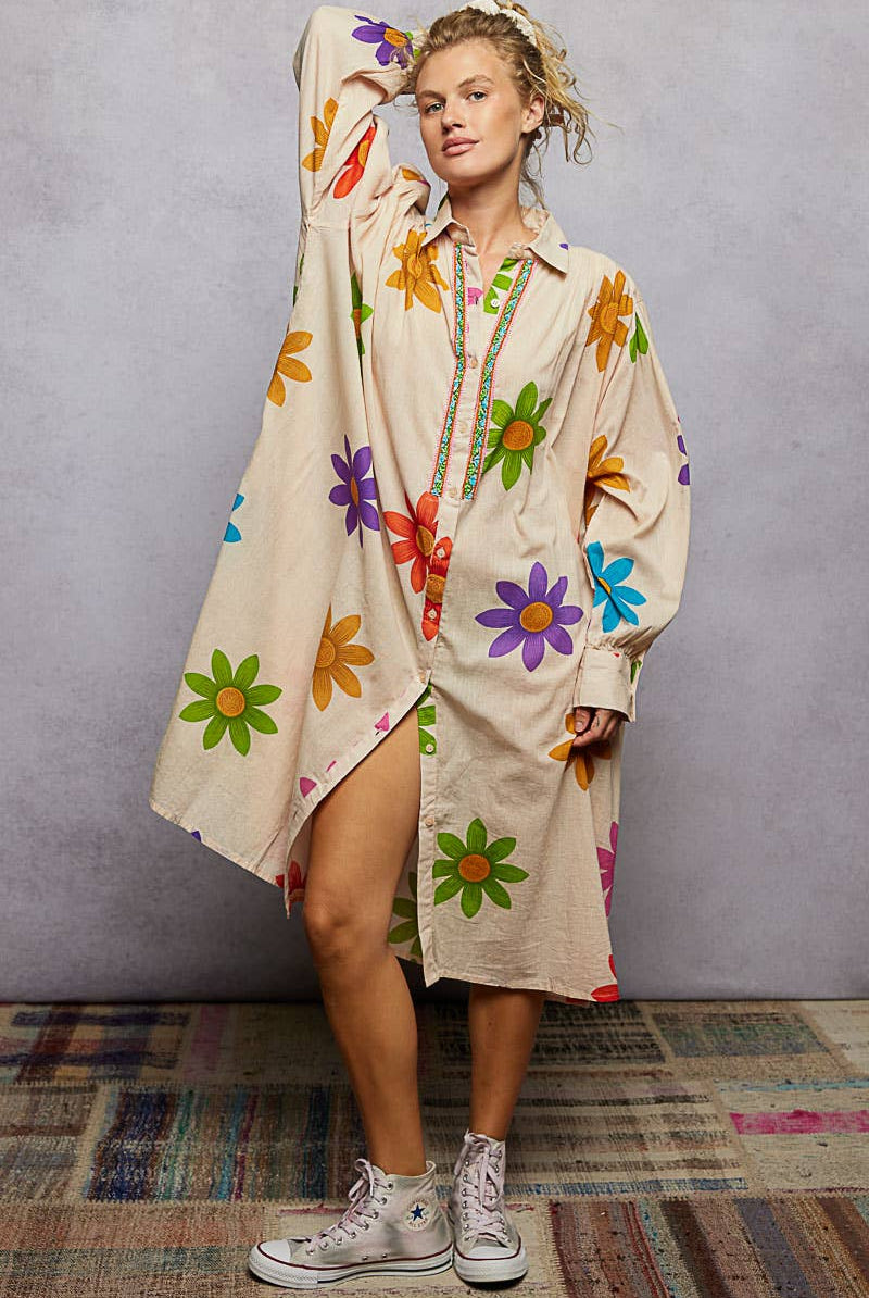 Long Sleeve Shirred Shoulder Beads Floral Print Shirt Dress-Dresses-Pol Clothing-Stuffology - Where Vintage Meets Modern, A Boutique for Real Women in Crosbyton, TX
