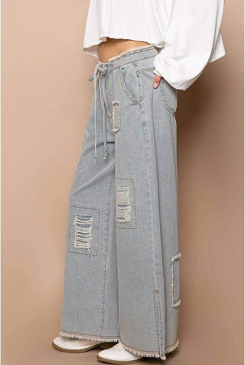 Distressed waist strape stripe denim wide pants-Jeans-Pol Clothing-Stuffology - Where Vintage Meets Modern, A Boutique for Real Women in Crosbyton, TX