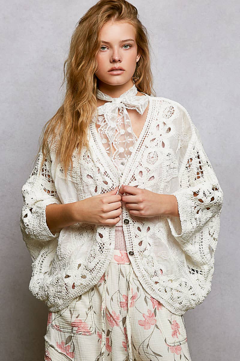 Batwing Sleeve Button Down Solid Crochet Cardigan Top-Pol Clothing-Stuffology - Where Vintage Meets Modern, A Boutique for Real Women in Crosbyton, TX