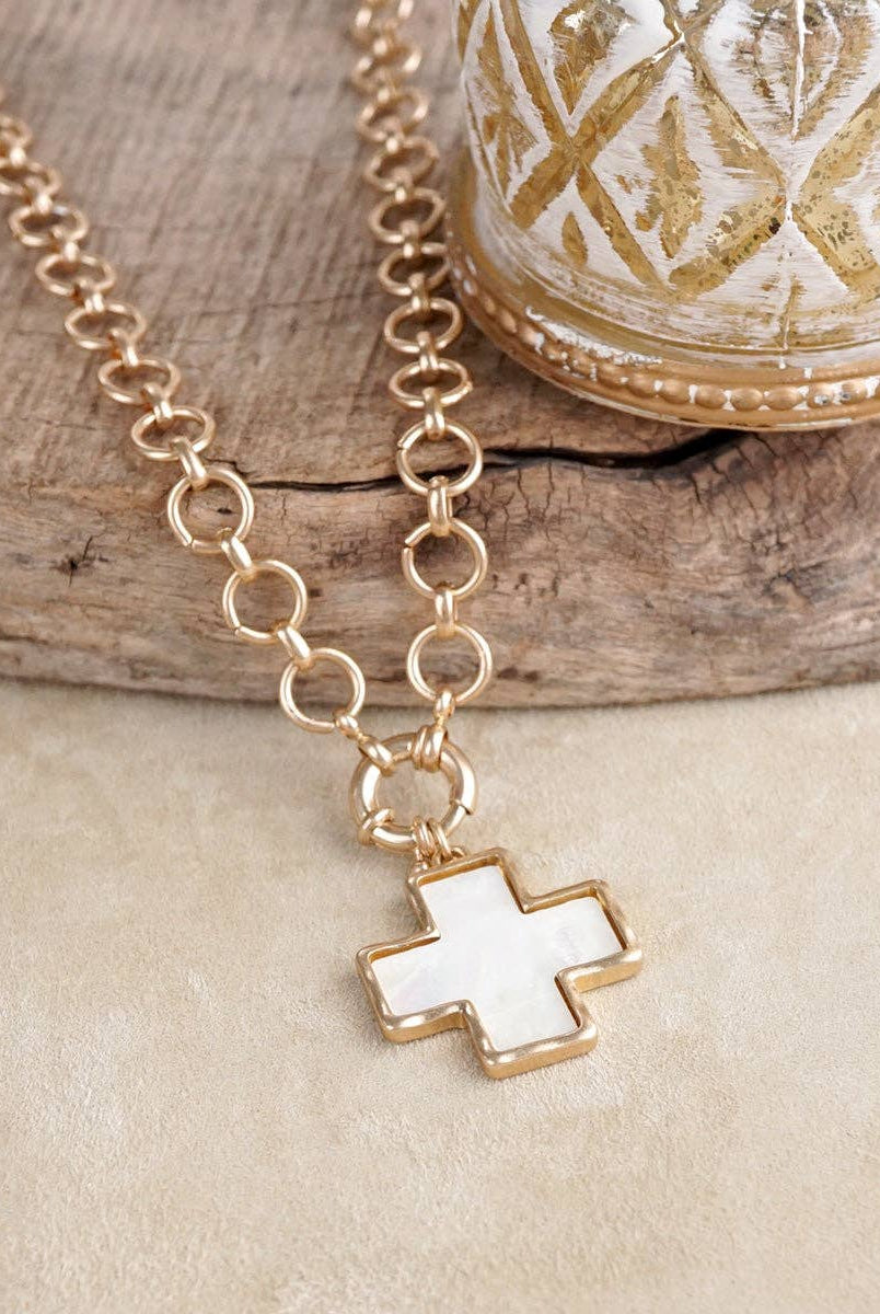 Luminous Cross – Mother of Pearl Charm Necklace-Necklaces-PennyLine inc-Stuffology - Where Vintage Meets Modern, A Boutique for Real Women in Crosbyton, TX