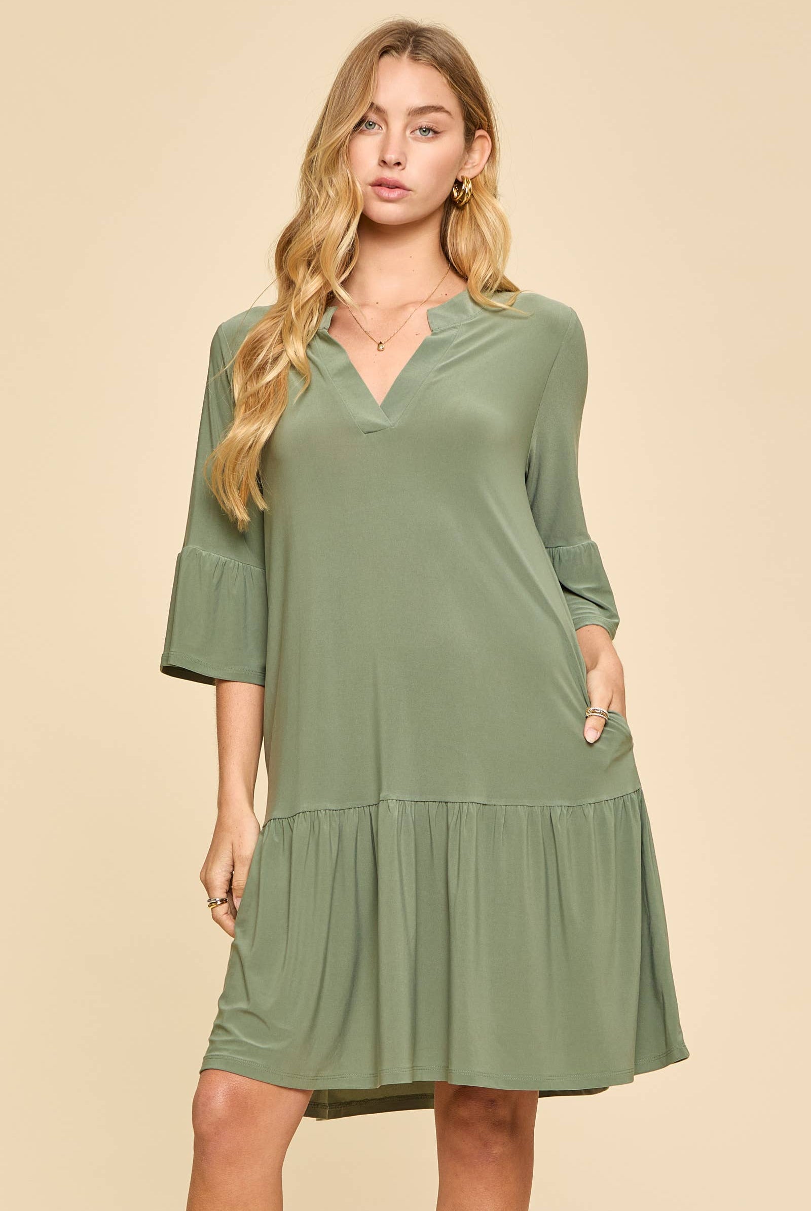Shirred Tiered Relaxed 3/4 Sleeve Dress-Dresses-Dear Scarlett-Stuffology - Where Vintage Meets Modern, A Boutique for Real Women in Crosbyton, TX