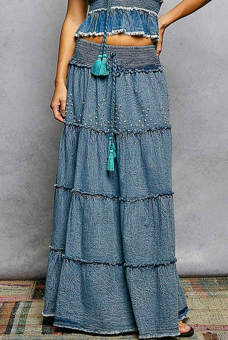 Boho Belle Tiered Denim Maxi Skirt-Skirts-Pol Clothing-Stuffology - Where Vintage Meets Modern, A Boutique for Real Women in Crosbyton, TX