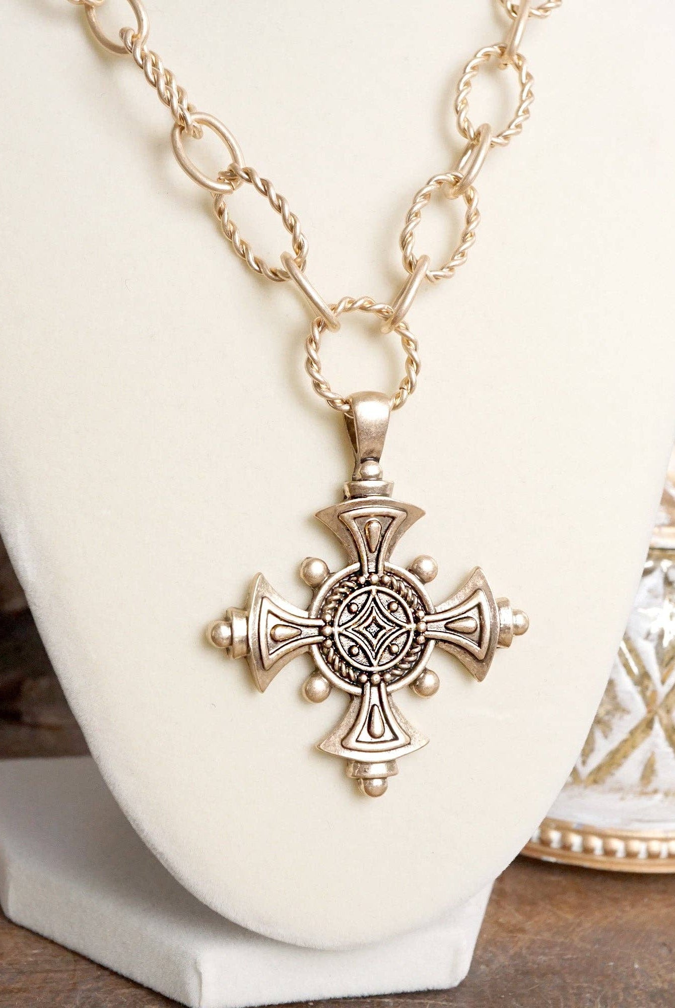 Decorative Cross Statement Necklace – Worn Gold Tone-Necklaces-PennyLine inc-Stuffology - Where Vintage Meets Modern, A Boutique for Real Women in Crosbyton, TX