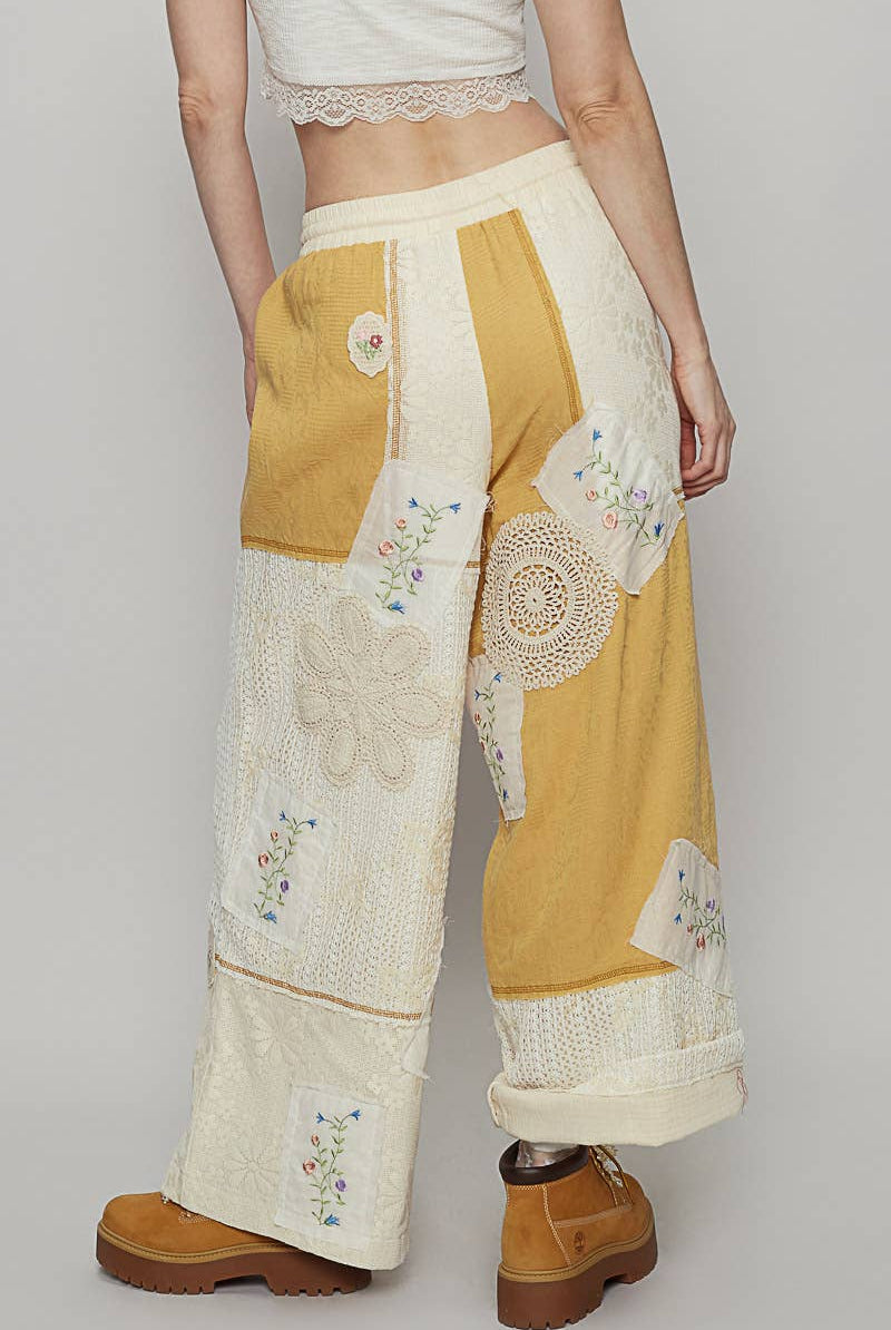 POL Clothing Honey Gold Solid Lace Patch Detail Woven Pants-Pants-Pol Clothing-Stuffology - Where Vintage Meets Modern, A Boutique for Real Women in Crosbyton, TX