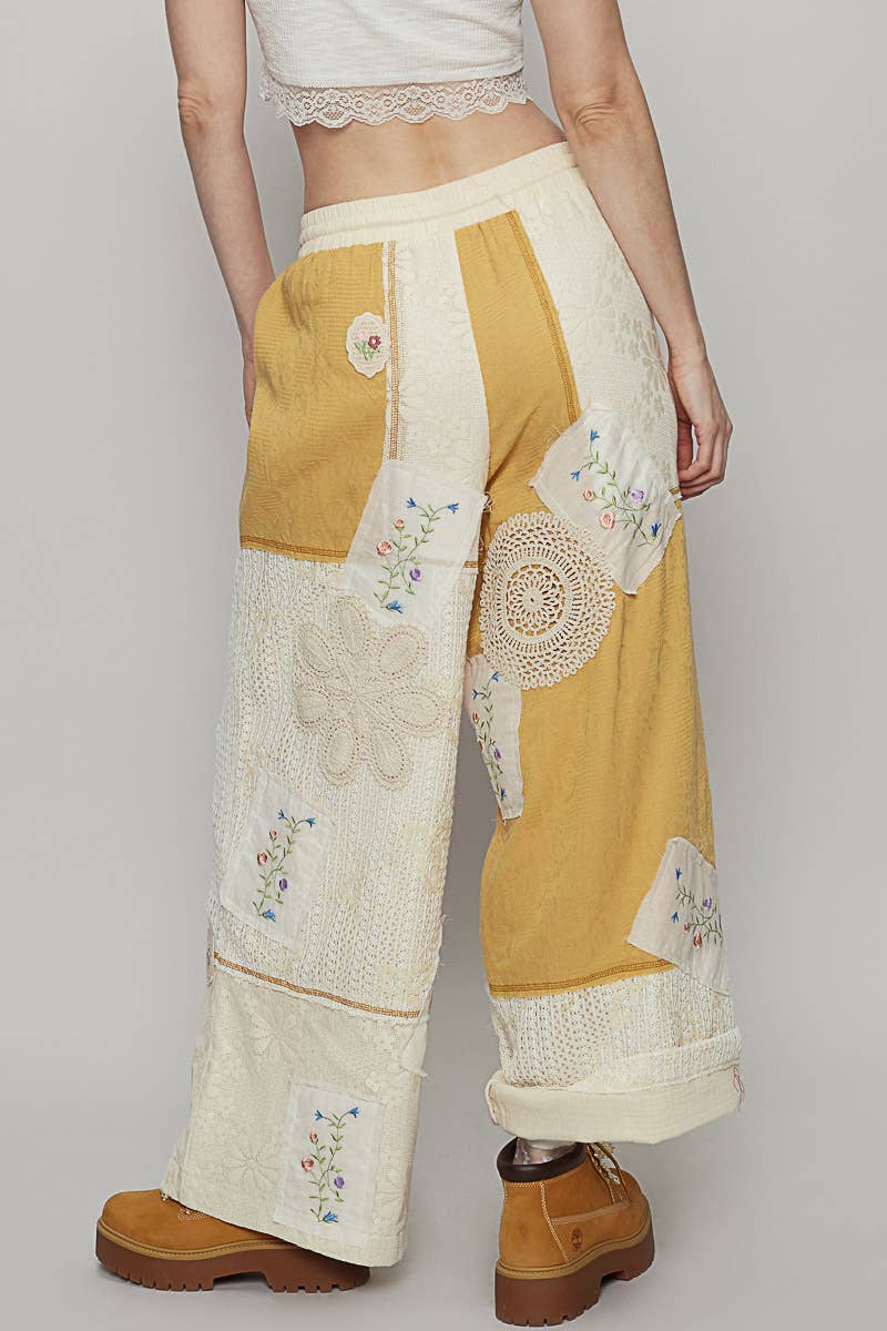 POL Clothing Honey Gold Solid Lace Patch Detail Woven Pants-Pants-Pol Clothing-Stuffology - Where Vintage Meets Modern, A Boutique for Real Women in Crosbyton, TX