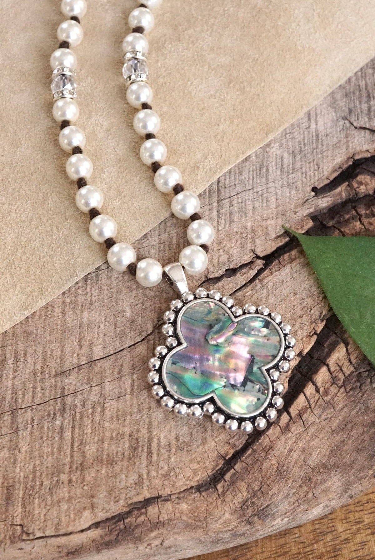 Pearlized beads Necklace with Cross and Clover pendant Mother of Pearl Abalone-PennyLine inc-Stuffology - Where Vintage Meets Modern, A Boutique for Real Women in Crosbyton, TX