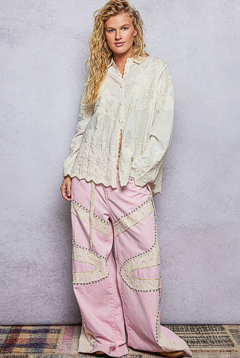 Long Sleeve Embroidered Scalloped Edge Shirt Top-Pol Clothing-Stuffology - Where Vintage Meets Modern, A Boutique for Real Women in Crosbyton, TX