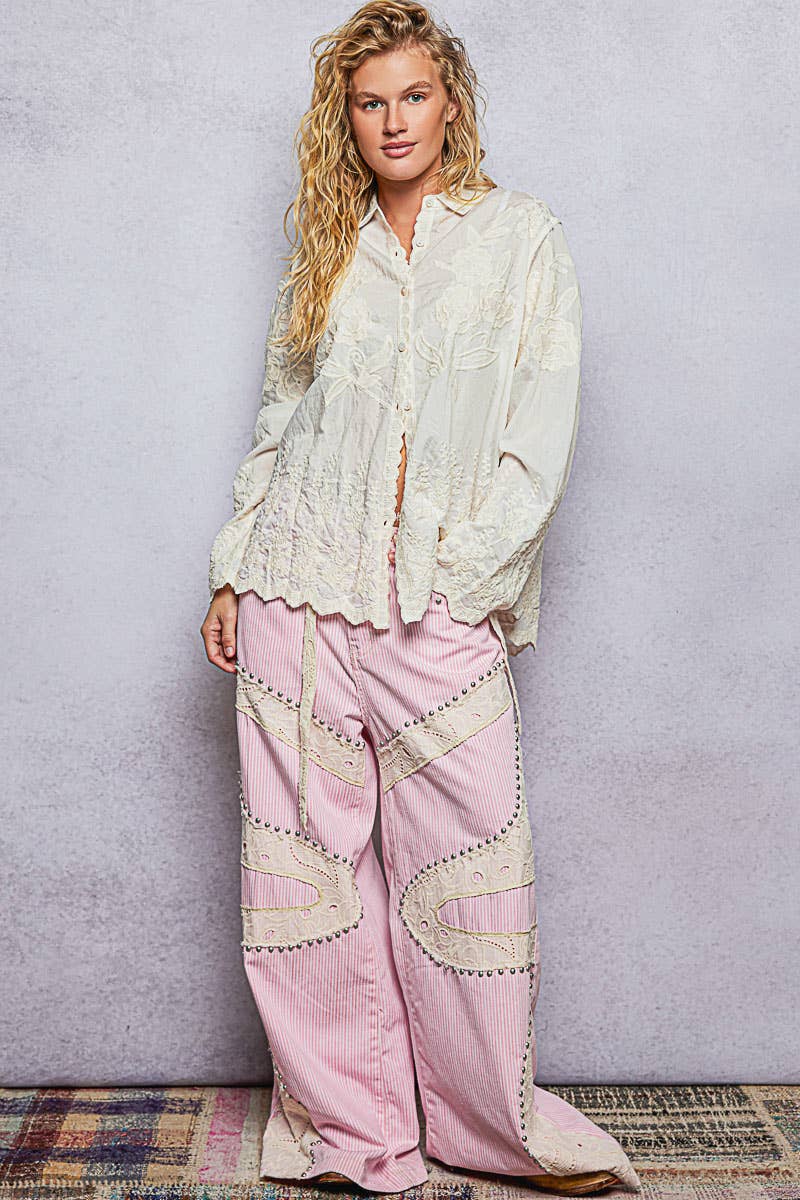 Long Sleeve Embroidered Scalloped Edge Shirt Top-Pol Clothing-Stuffology - Where Vintage Meets Modern, A Boutique for Real Women in Crosbyton, TX
