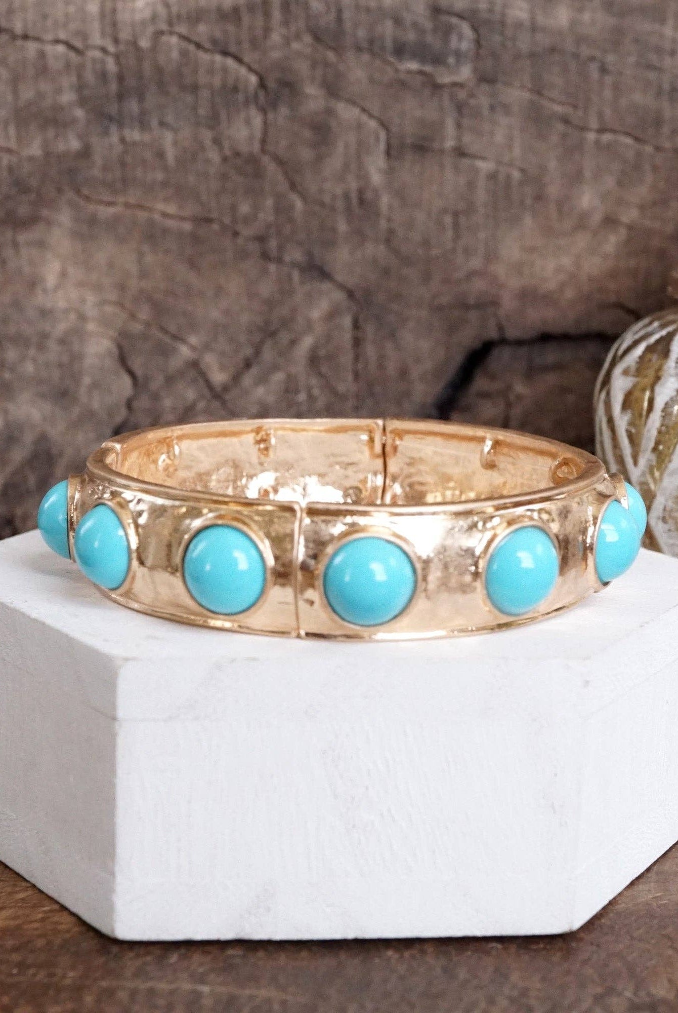 Eternity Statement Bangle Gold Tone Turquoise-Bracelets-PennyLine inc-Stuffology - Where Vintage Meets Modern, A Boutique for Real Women in Crosbyton, TX