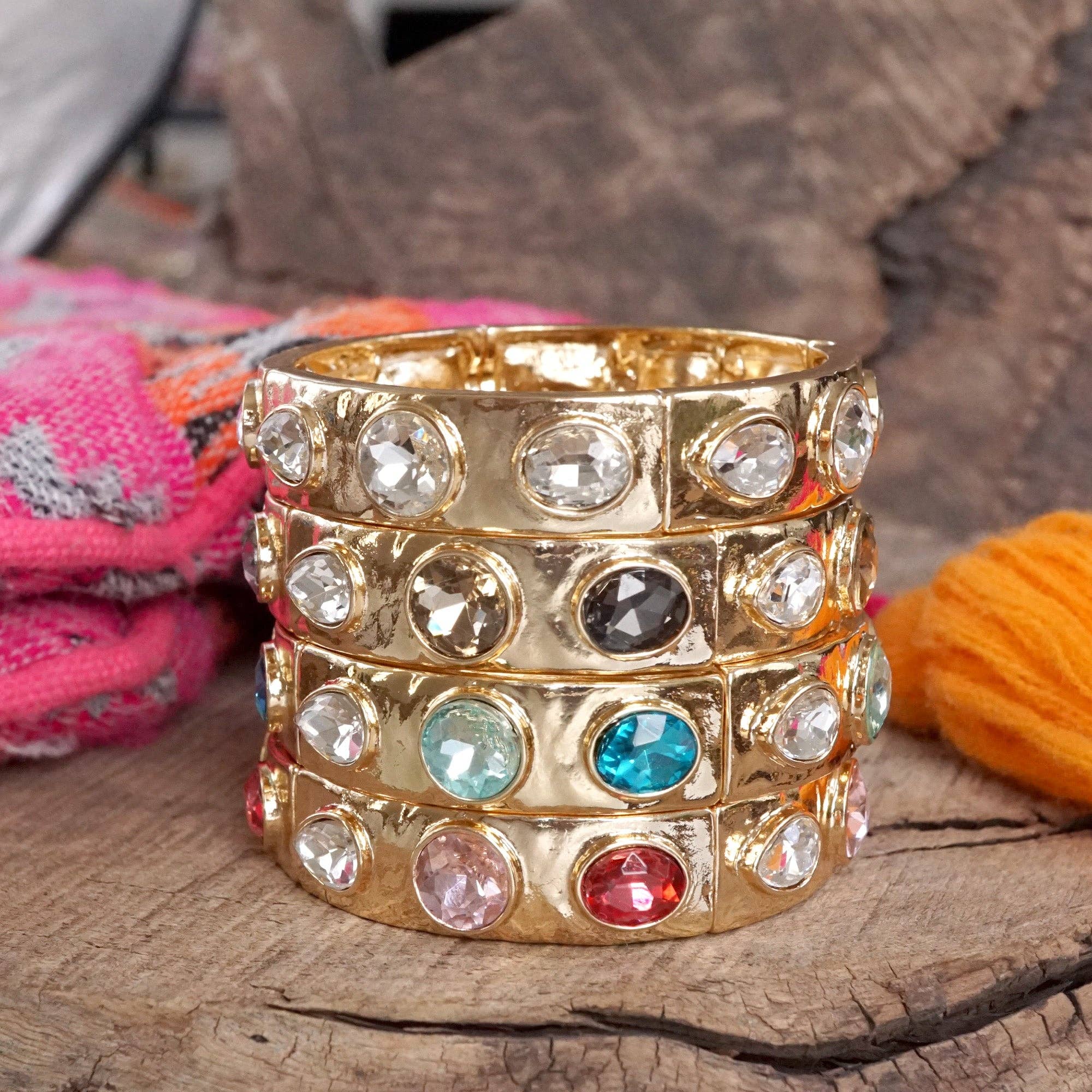 Sparkly Crystal Stretch Bangles – Gold Tone with Color Options-Bracelets-PennyLine inc-Stuffology - Where Vintage Meets Modern, A Boutique for Real Women in Crosbyton, TX