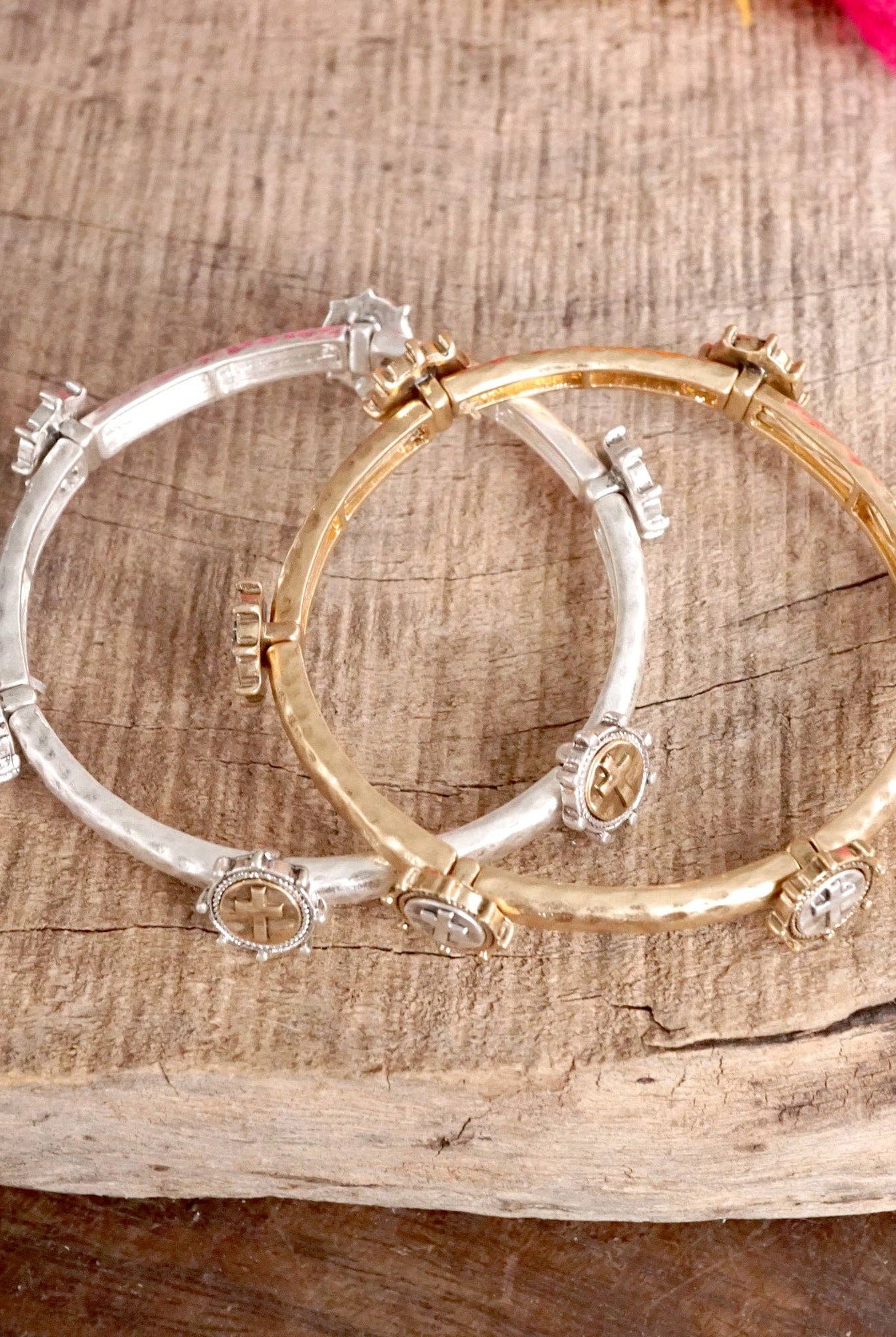 Cross Coin Bangle in Worn Silver or Gold Tone-Bracelets-PennyLine inc-Stuffology - Where Vintage Meets Modern, A Boutique for Real Women in Crosbyton, TX