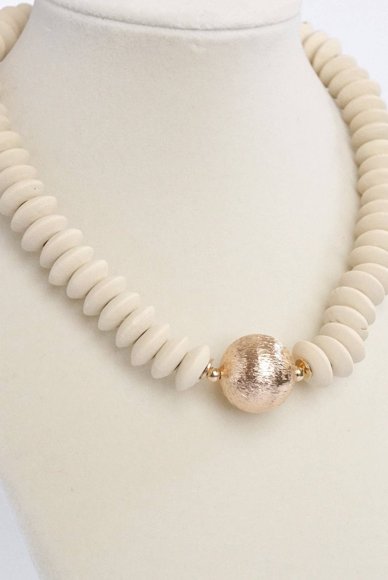 Wood Saucer Beads Short Statement Necklace Gold center Hot Pink Beige Turquoise-Necklaces-PennyLine inc-Stuffology - Where Vintage Meets Modern, A Boutique for Real Women in Crosbyton, TX