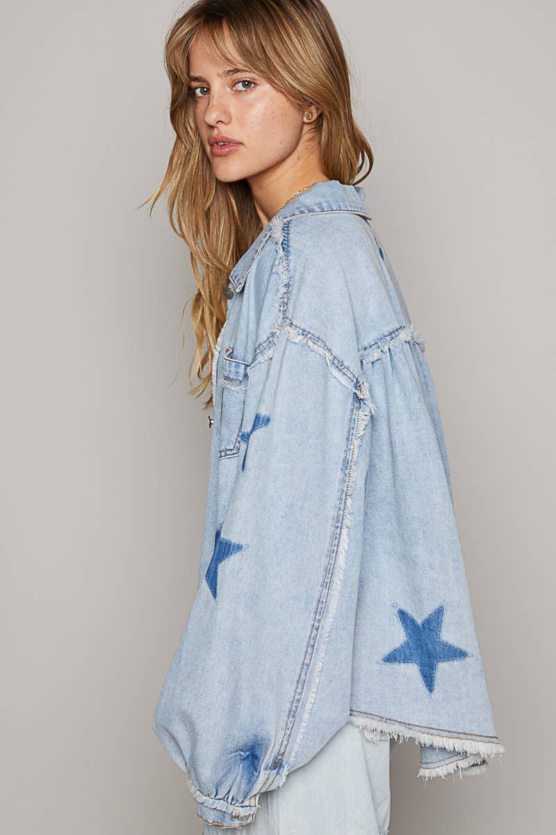 Oversize star prints raw edge denim shacket-Jackets-Pol Clothing-Stuffology - Where Vintage Meets Modern, A Boutique for Real Women in Crosbyton, TX