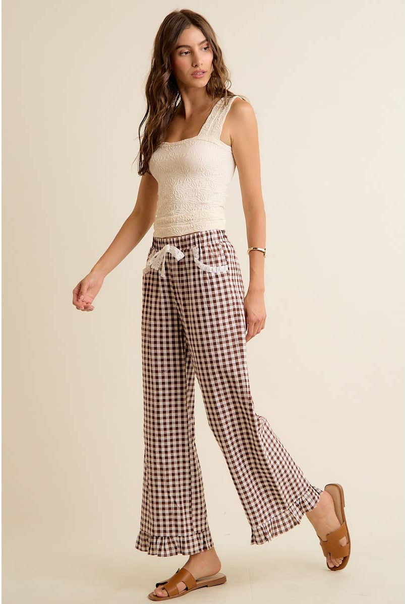 GINGHAM LACE RUFFLED PULL ON PANTS-So Me-Stuffology - Where Vintage Meets Modern, A Boutique for Real Women in Crosbyton, TX