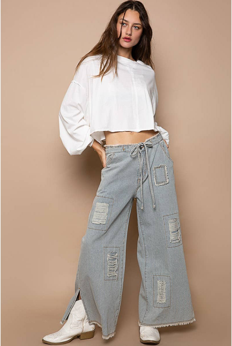 Distressed waist strape stripe denim wide pants-Jeans-Pol Clothing-Stuffology - Where Vintage Meets Modern, A Boutique for Real Women in Crosbyton, TX