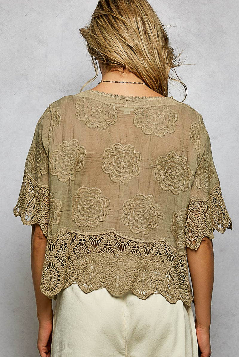Crochet Trim Neckline Short Sleeve Jacket Top-Pol Clothing-Stuffology - Where Vintage Meets Modern, A Boutique for Real Women in Crosbyton, TX