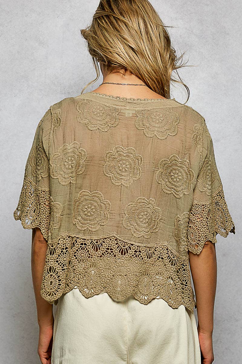 Crochet Trim Neckline Short Sleeve Jacket Top-Pol Clothing-Stuffology - Where Vintage Meets Modern, A Boutique for Real Women in Crosbyton, TX