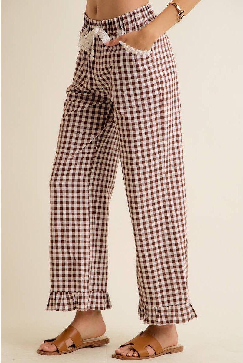 GINGHAM LACE RUFFLED PULL ON PANTS-So Me-Stuffology - Where Vintage Meets Modern, A Boutique for Real Women in Crosbyton, TX