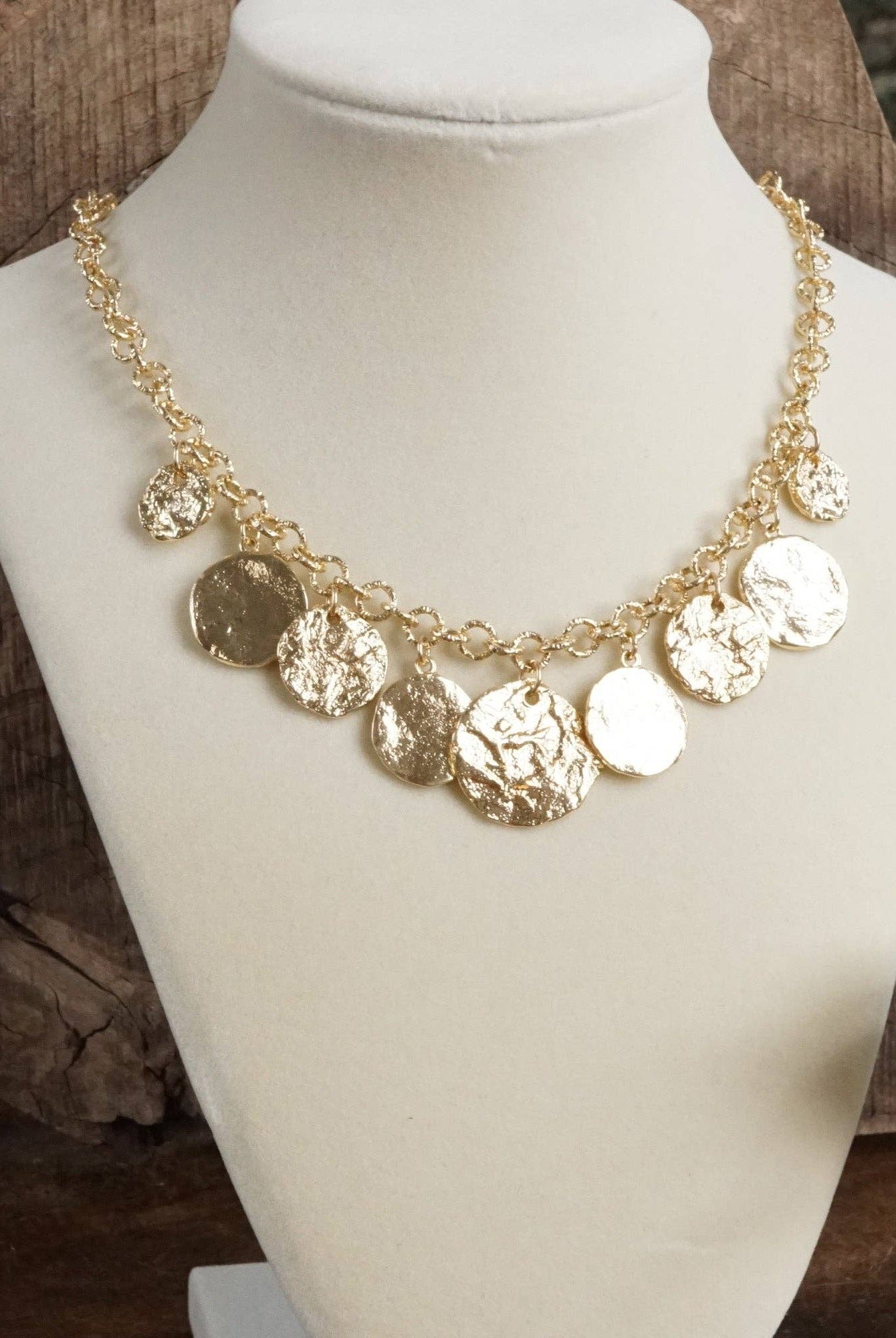 Textured Coins Statement Necklace – Gold Tone-Necklaces-PennyLine inc-Stuffology - Where Vintage Meets Modern, A Boutique for Real Women in Crosbyton, TX