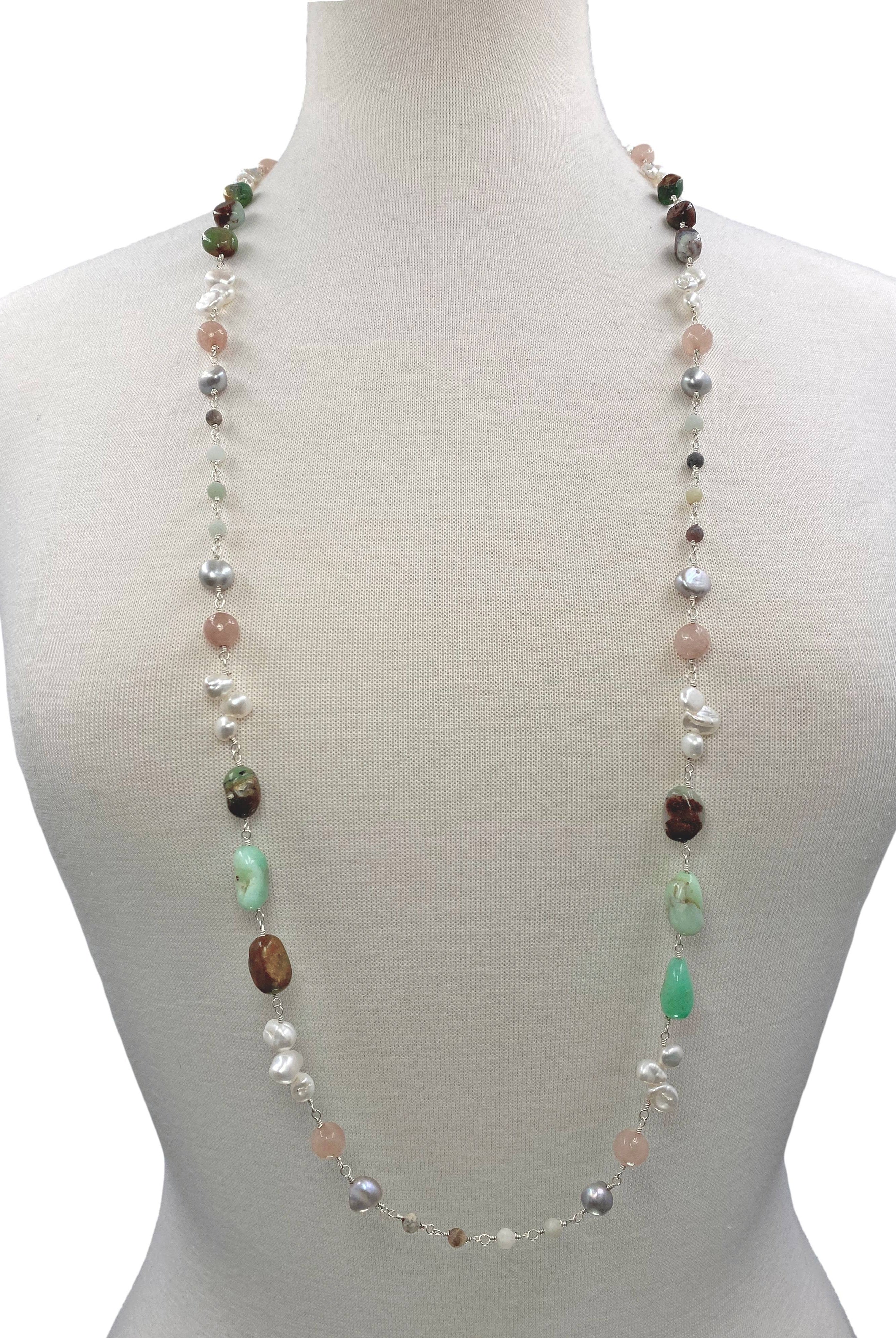 Chrysoprase & Cultured Pearl Long Necklace-Necklaces-IST Jewelry-Stuffology - Where Vintage Meets Modern, A Boutique for Real Women in Crosbyton, TX