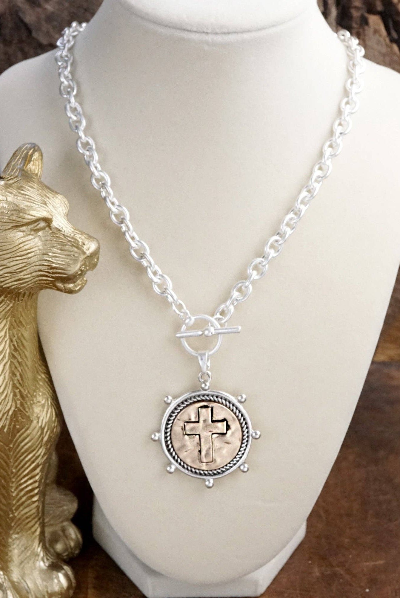 Cross Coin Chain Necklace with Front Toggle Closure – Silver or Gold Tone-Necklaces-PennyLine inc-Stuffology - Where Vintage Meets Modern, A Boutique for Real Women in Crosbyton, TX