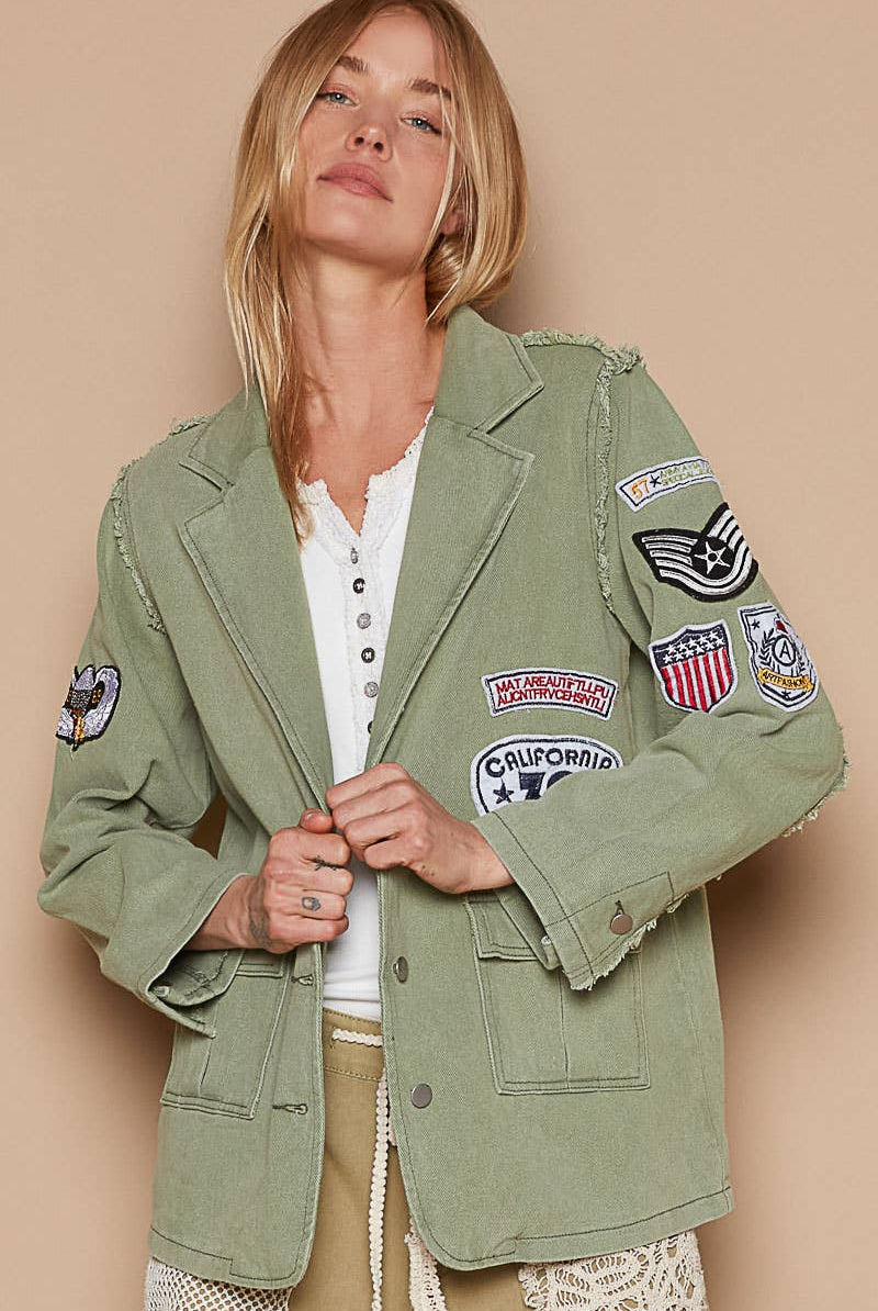 POL Clothing Vintage patch detail military blazer jacket-Jackets-Pol Clothing-Stuffology - Where Vintage Meets Modern, A Boutique for Real Women in Crosbyton, TX